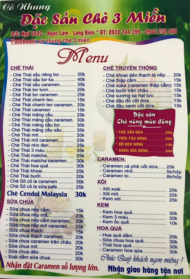 Menu chè