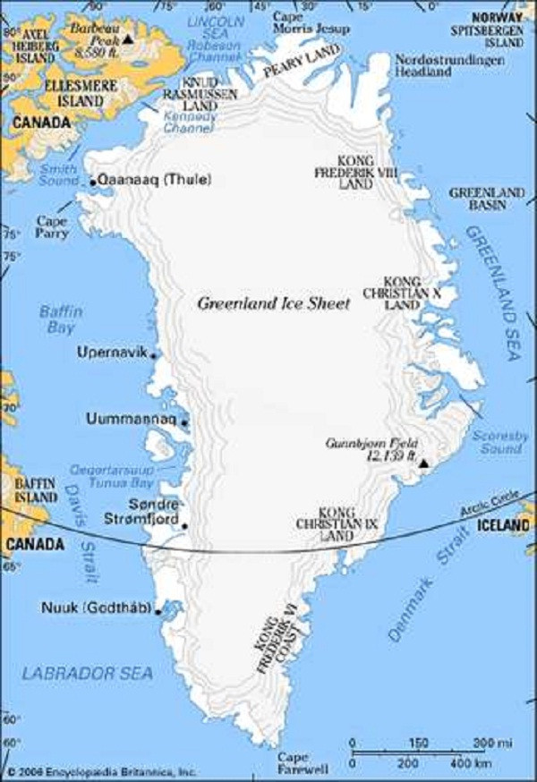 Bản đồ của Greenland nêu bật các khu vực địa lý chính