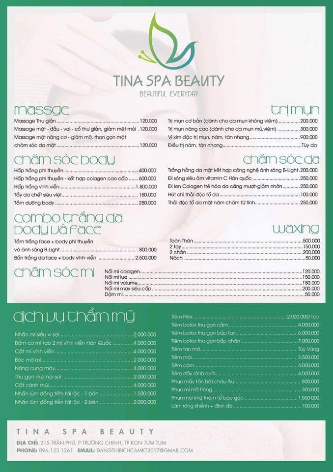 Bảng giá tại thẩm mỹ viện Tina Spa Beauty cho những ai cần tham khảo