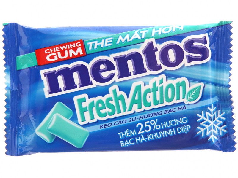 Kẹo cao su Mentos﻿ là loại kẹo cao su có vị bạc hà the mát kết hợp với nhân trà xanh độc đáo sẽ đánh thức mọi giác quan trong bạn