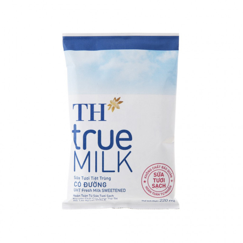 Sữa tươi tiệt trùng TH True Milk có đường dạng túi.