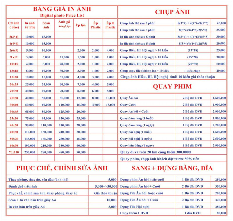 Bảng giá dịch vụ chụp ảnh tại Hồng Vân Digital