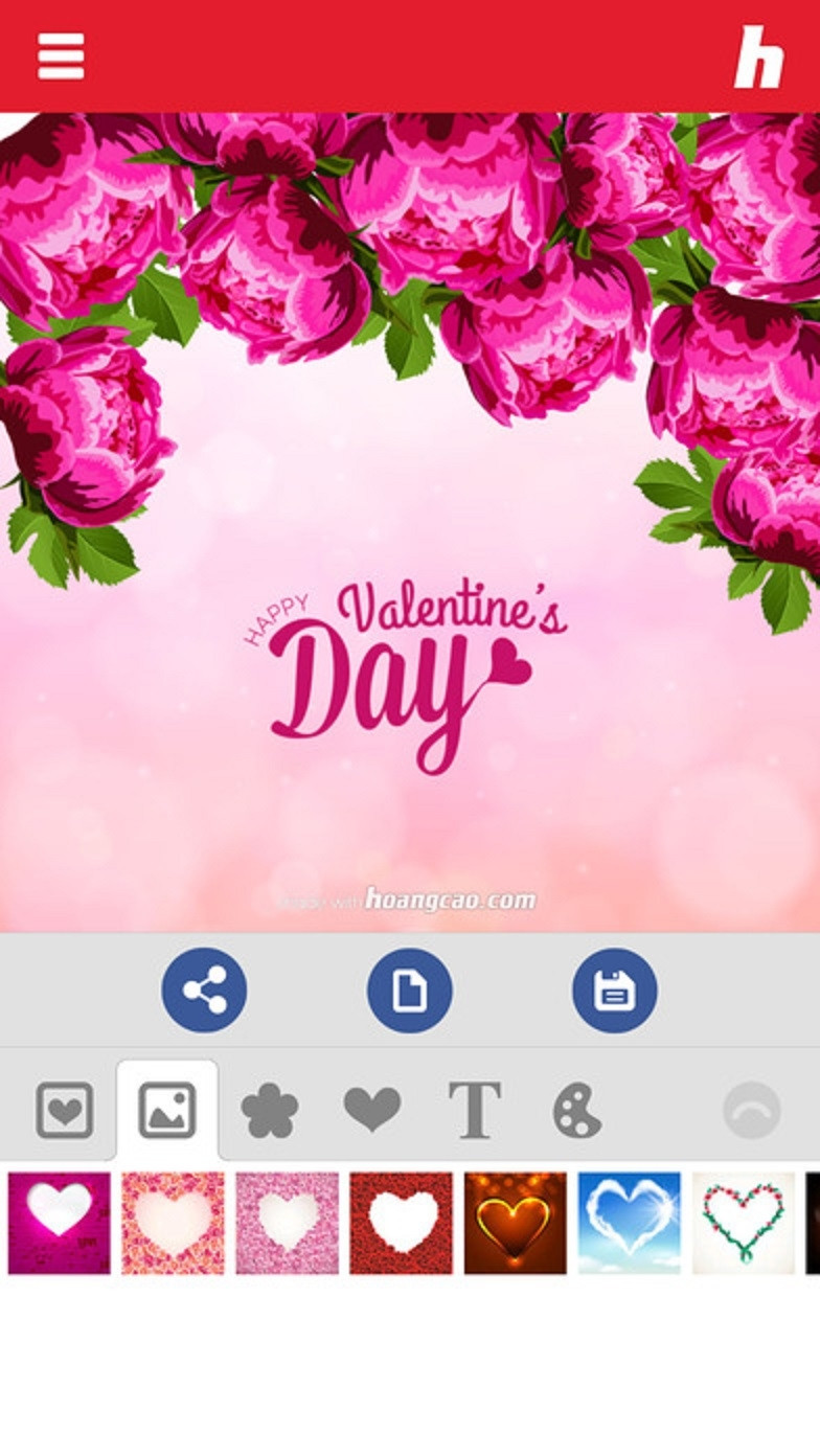 Giao diện của ứng dụng Thiệp Valentine