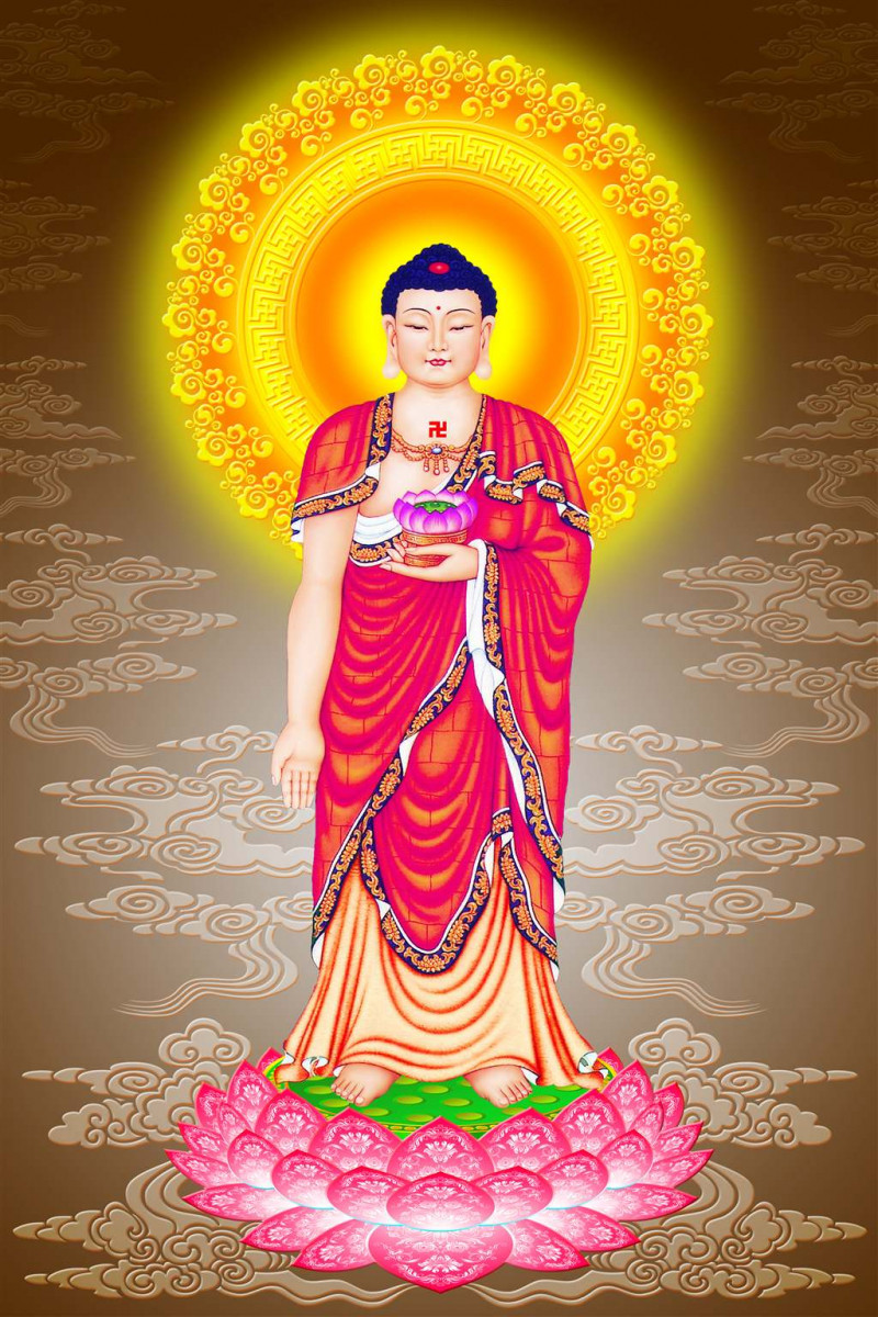 Hình ảnh Phật A Di Đà tay trái cầm đóa sen trước ngực, tay phải duỗi ra tiếp dẫn chúng sinh quen thuộc