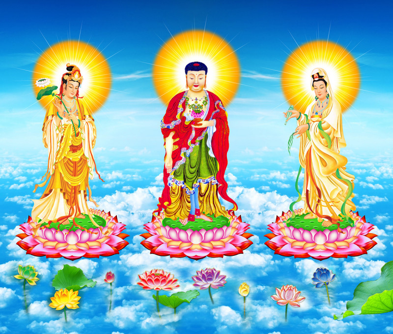 Tây Phương Tam Thánh tiếp dẫn: Phật A Di Đà đứng giữa-Bồ Tát Quán Thế Âm đứng bên tay trái của Phật A Di Đà-Bồ Tát Đại Thế Chí đứng bên tay phải của Phật A Di Đà