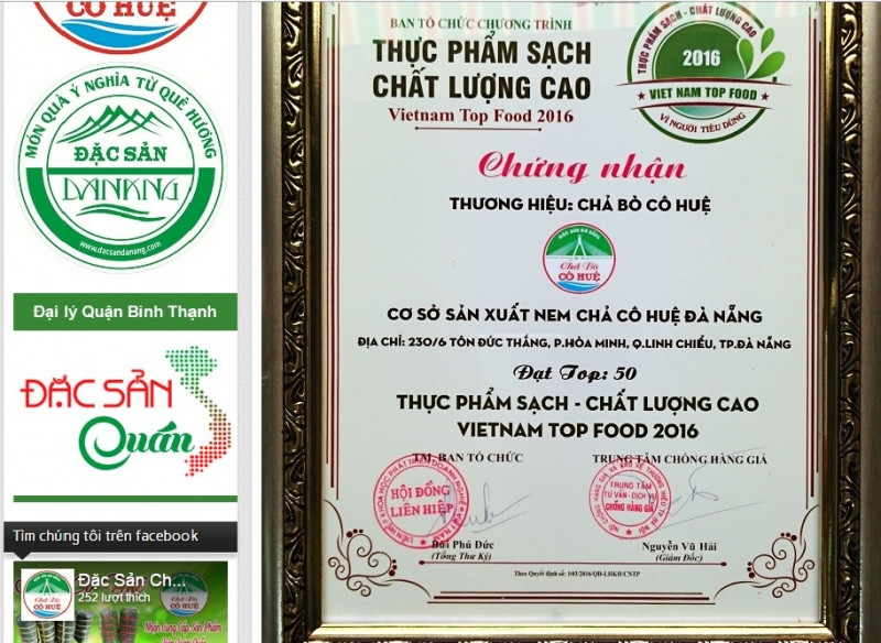 Danh hiệu top 50 thực phẩm sạch - chất lượng cao Việt Nam.