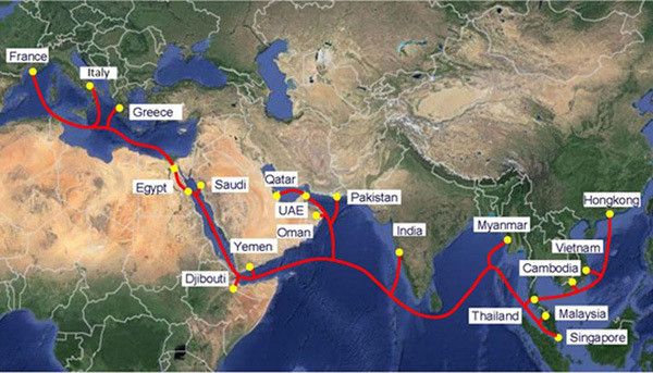 Sơ đồ tuyến cáp quang biển quốc tế AAE-1 (Ảnh: Internet)