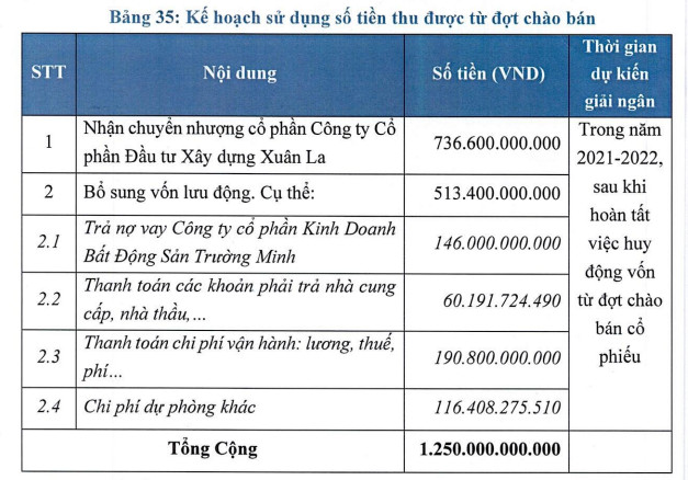 Chi tiết mục đích sử dụng vốn thu được từ đợt phát hành cho cổ đông hiện hữu. (Ảnh: Bản cáo bạch của Sunshine Homes)