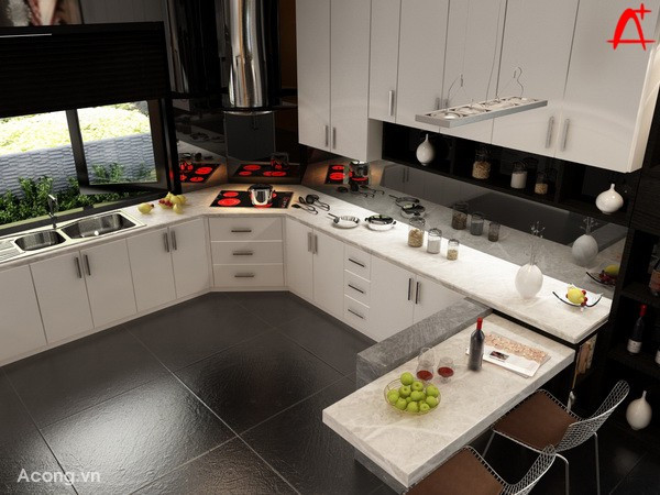 Màu đen của nền nhà tương phản mạnh với màu trắng của tủ bếp khiến cho tủ bếp càng thêm ấn tượng