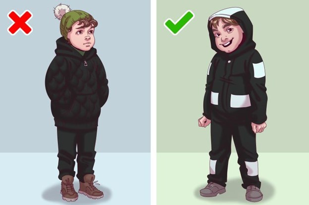 Không nên chọn quần áo tối màu không có khả năng phản chiếu ánh sáng cho trẻ