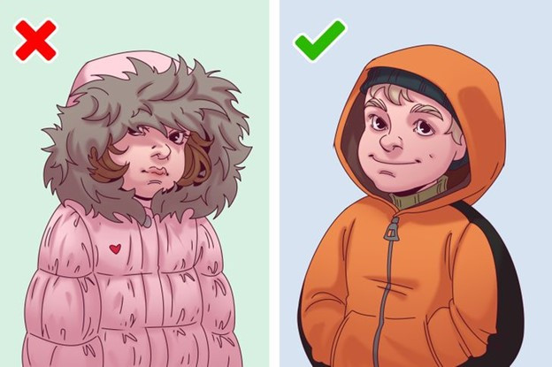 Không nên chọn áo khoác có mũ trùm đầu và lông dày cho trẻ