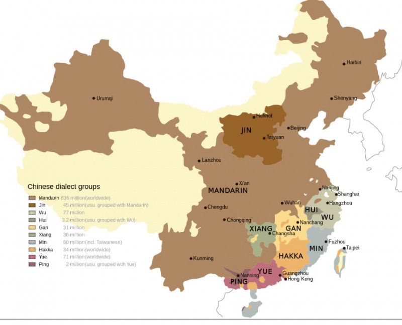 Bản đồ các phương ngôn tiếng Hán tại Trung Quốc và Đài Loan.