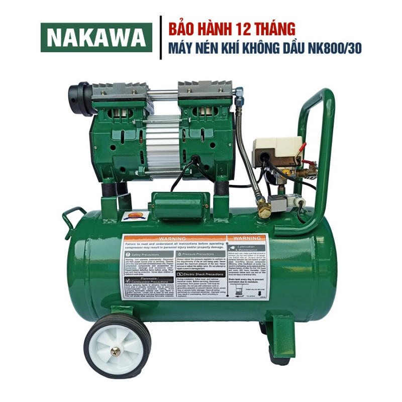 Máy nén khí không dầu 2 van xả NAKAWA NK800/30 công suất 850W, dung tích bình 30L