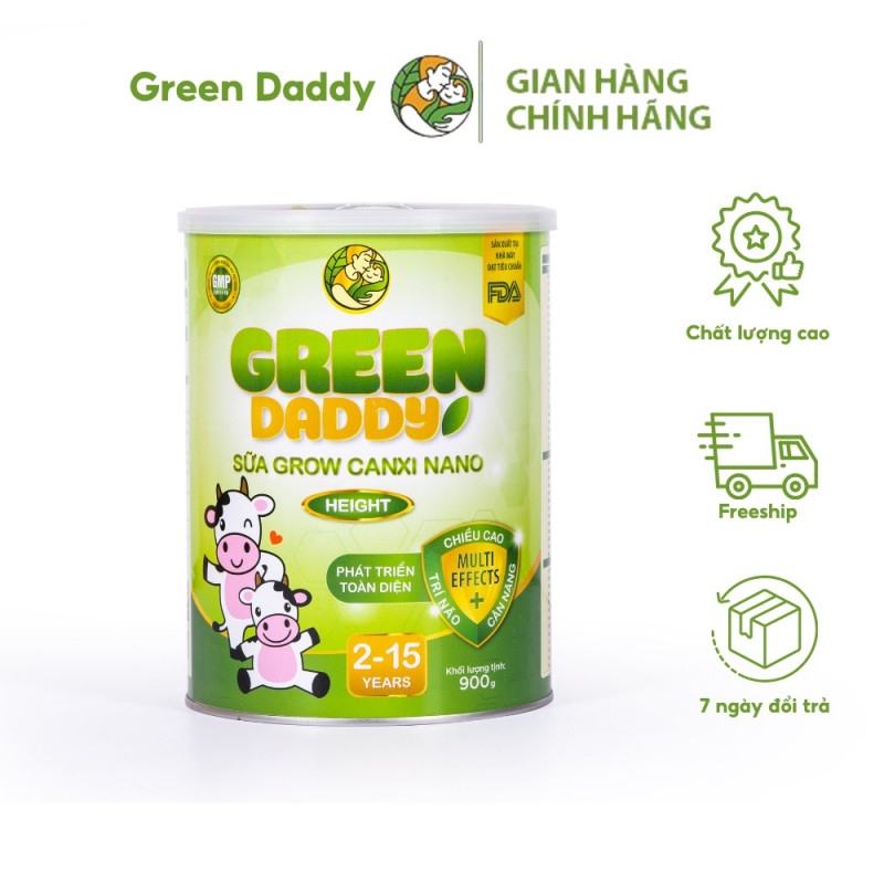 Sữa Green Daddy Grow Canxi nano bổ sung canxi giúp xương chắc khoẻ phát triển chiều cao cho trẻ từ 2-15 tuổi hộp 900g