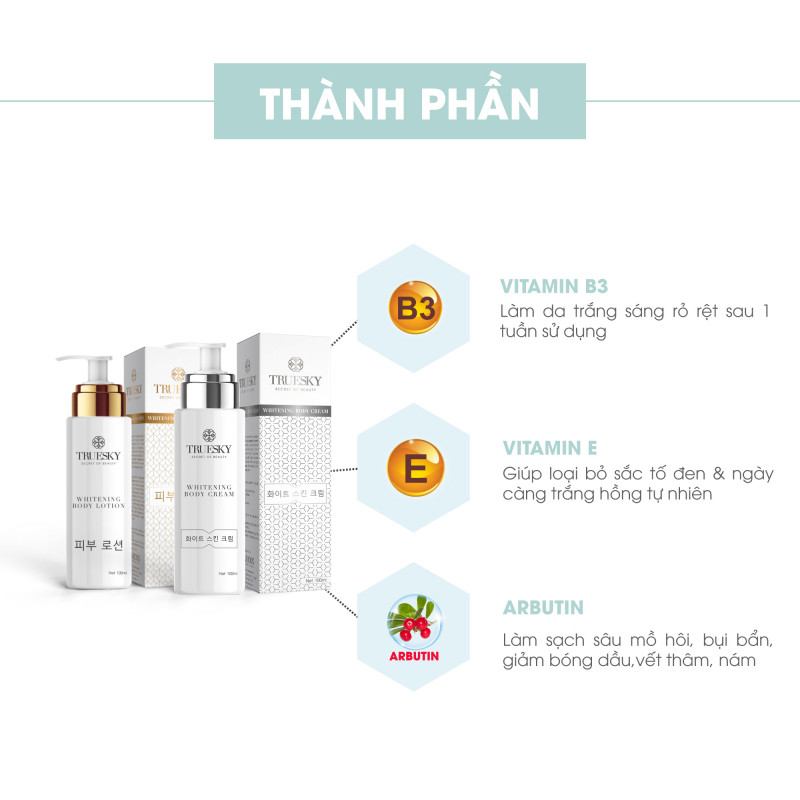 Bộ tắm trắng toàn thân Truesky dạng vòi nhấn gồm 1 chai ủ trắng 100ml & 1 chai dưỡng trắng 100ml